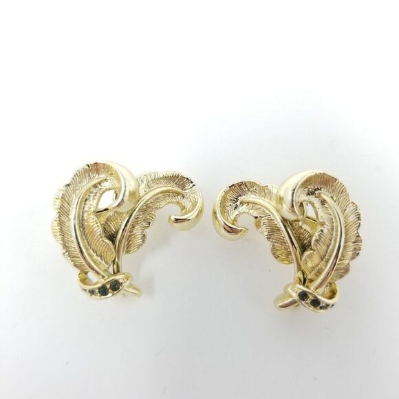 Vintage Gold Tone and Rhinestone Feather Plume Clip On Earrings, Retro Estate - Picture 2 of 5